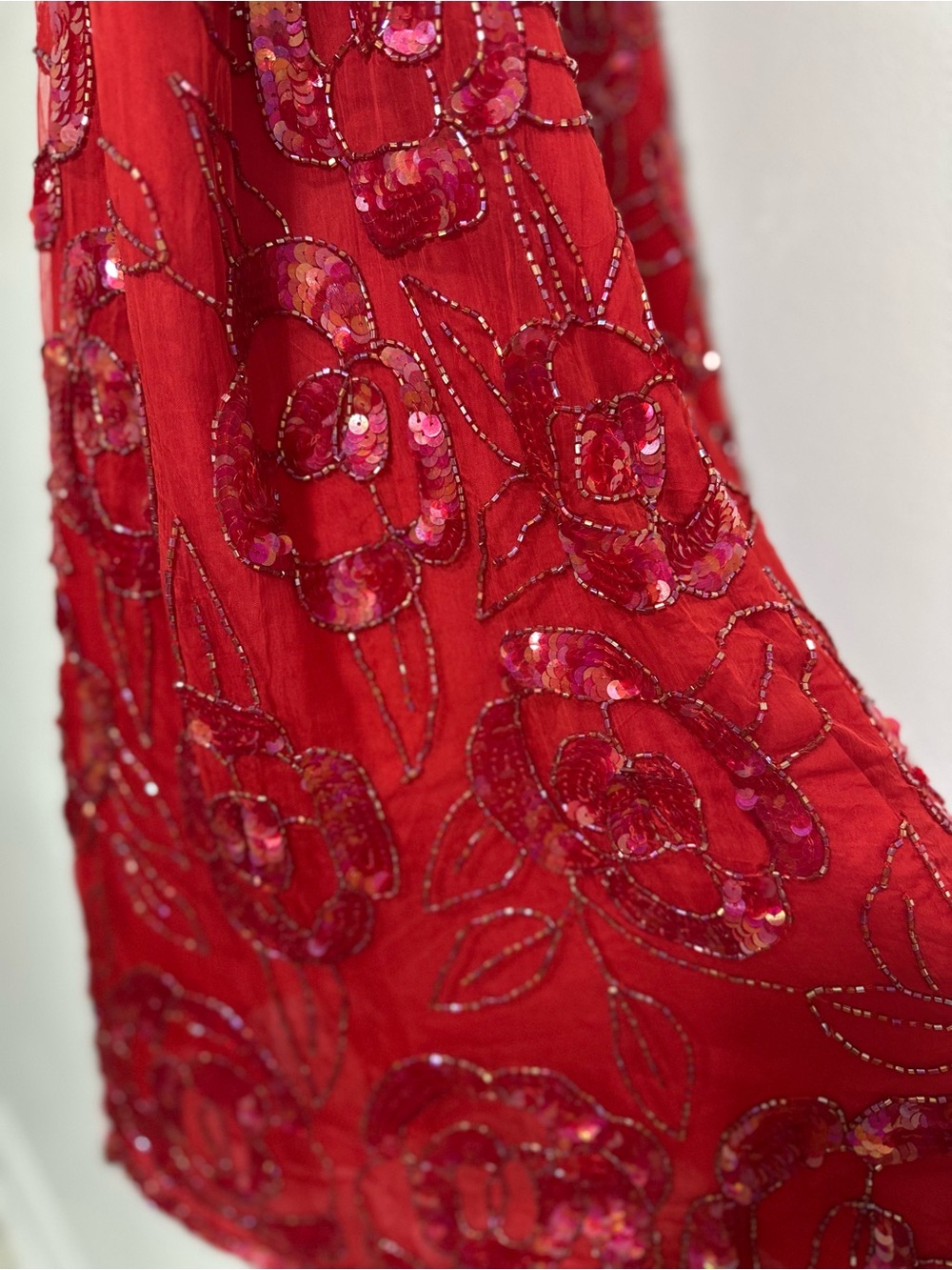 Red Silk Beaded Sequin Rose Skirt — Size XL